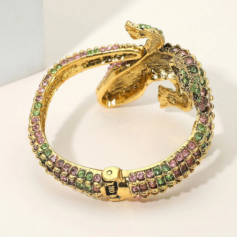 Pink & Green Rhinestone Alligator Crocodile Cuff Bracelet Statement Jewelry